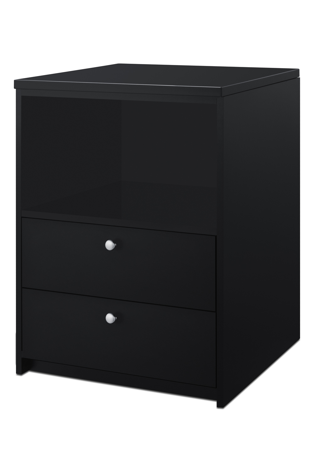 Fully assembled casework cabinet with two storage drawers in ADA compliant height and black finish designed to accept compact microwaves